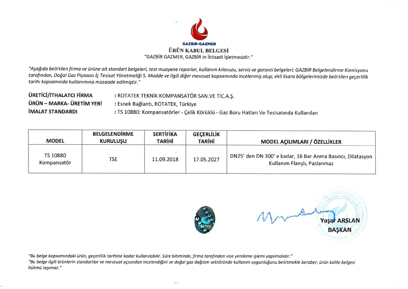 Kompansatör Grubu Gazmer Sertifikası	